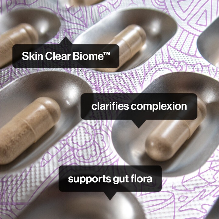 Skin Clear Biome Supplement image highlighting benefit of balancing gut flora and clarifying the skin